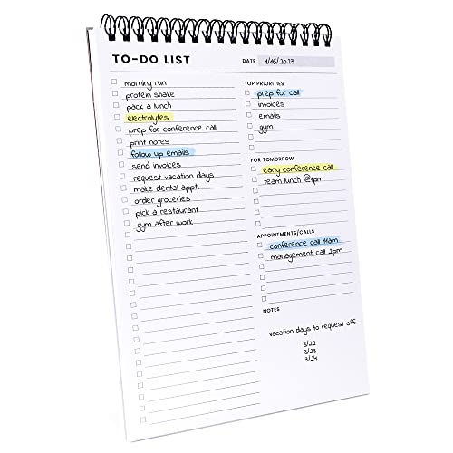 Spiral daily to-do notepad showing task, priority, and notes sections