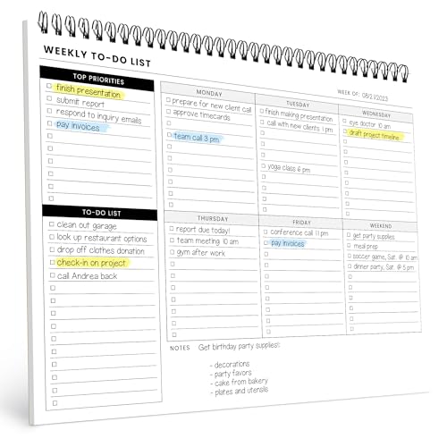 Spiral weekly planner pad with an open weekly planning layout